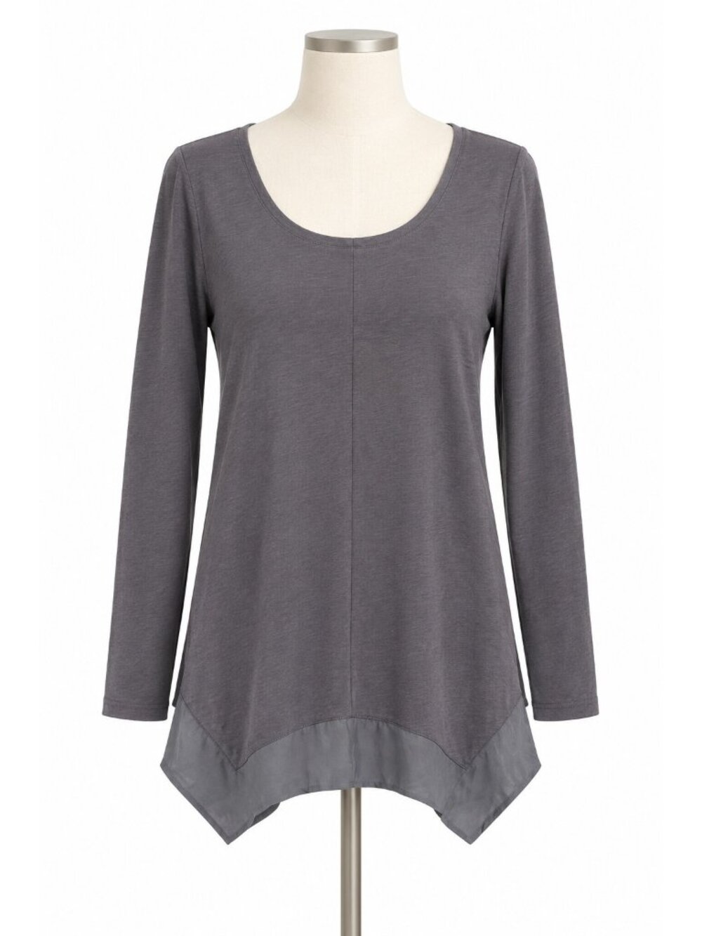 Garnet Hill Organic Cotton Silk Trim Tunic Top Gray XS Long Sleeve Scoop Neck